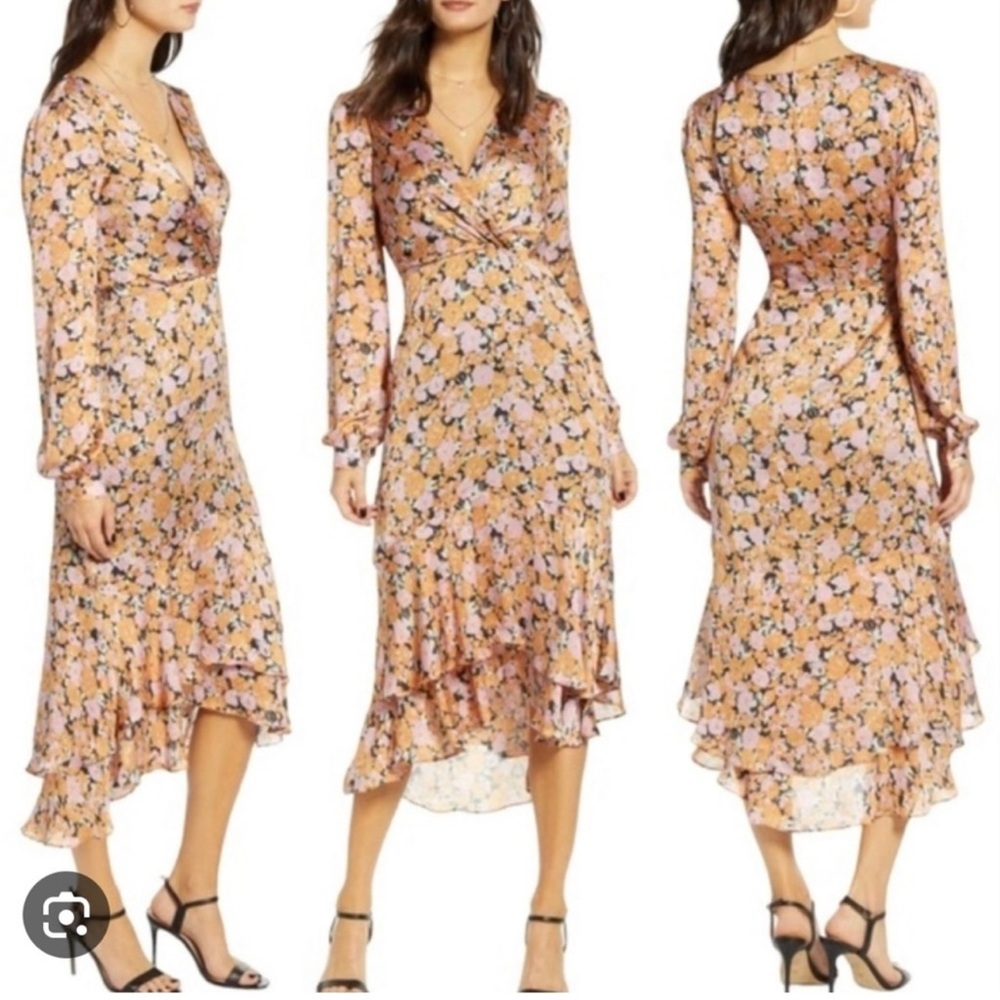 WAYF Floral V-Neck Long Sleeve Tiered Dress